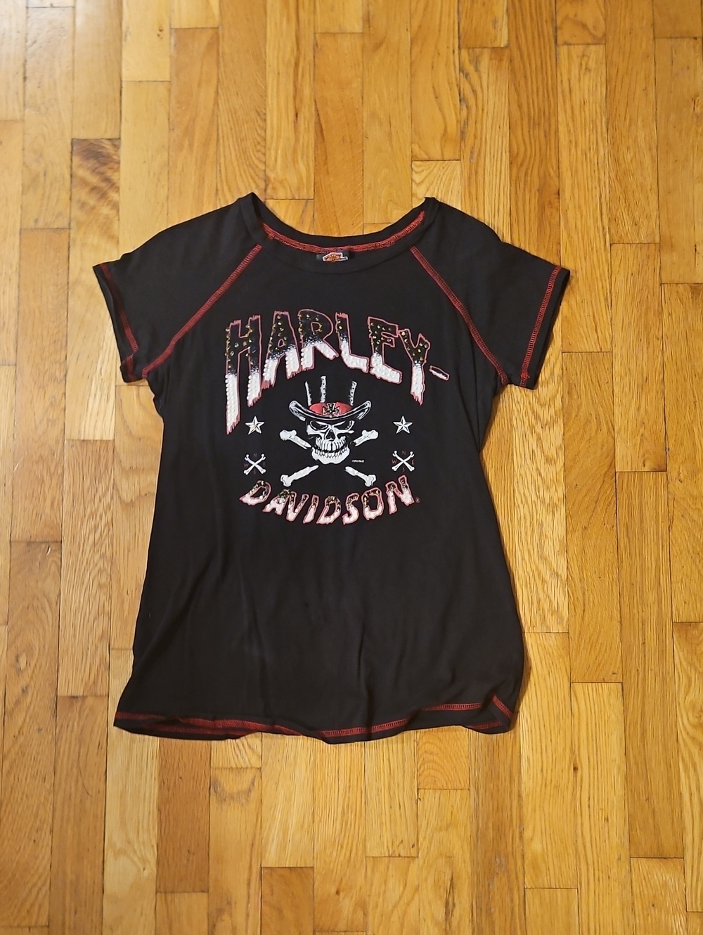 Harley-Davidson Women's Black Tee with Red Trim & Skull Graphic
